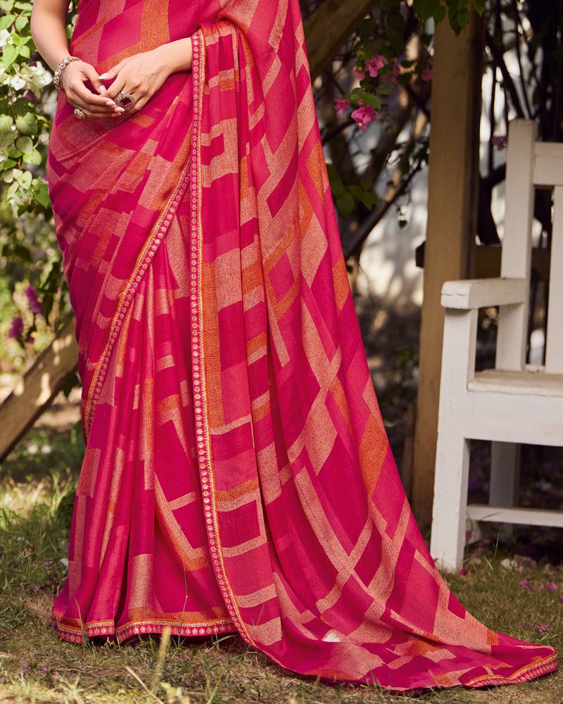 Vishal Prints Pinkish Red Printed Chiffon-Brasso Saree With Fancy Border