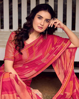 Vishal Prints Pinkish Red Printed Chiffon-Brasso Saree With Fancy Border