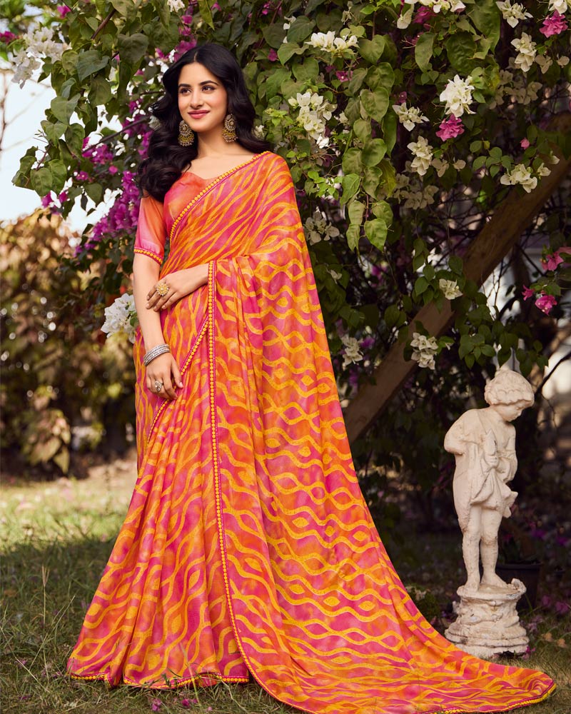 Vishal Prints Dusty Orange And Dark Pink Printed Chiffon-Brasso Saree With Fancy Border