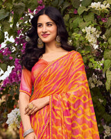 Vishal Prints Dusty Orange And Dark Pink Printed Chiffon-Brasso Saree With Fancy Border