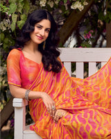 Vishal Prints Dusty Orange And Dark Pink Printed Chiffon-Brasso Saree With Fancy Border