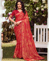 Vishal Prints Scarlet Red Printed Chiffon-Brasso Saree With Fancy Border