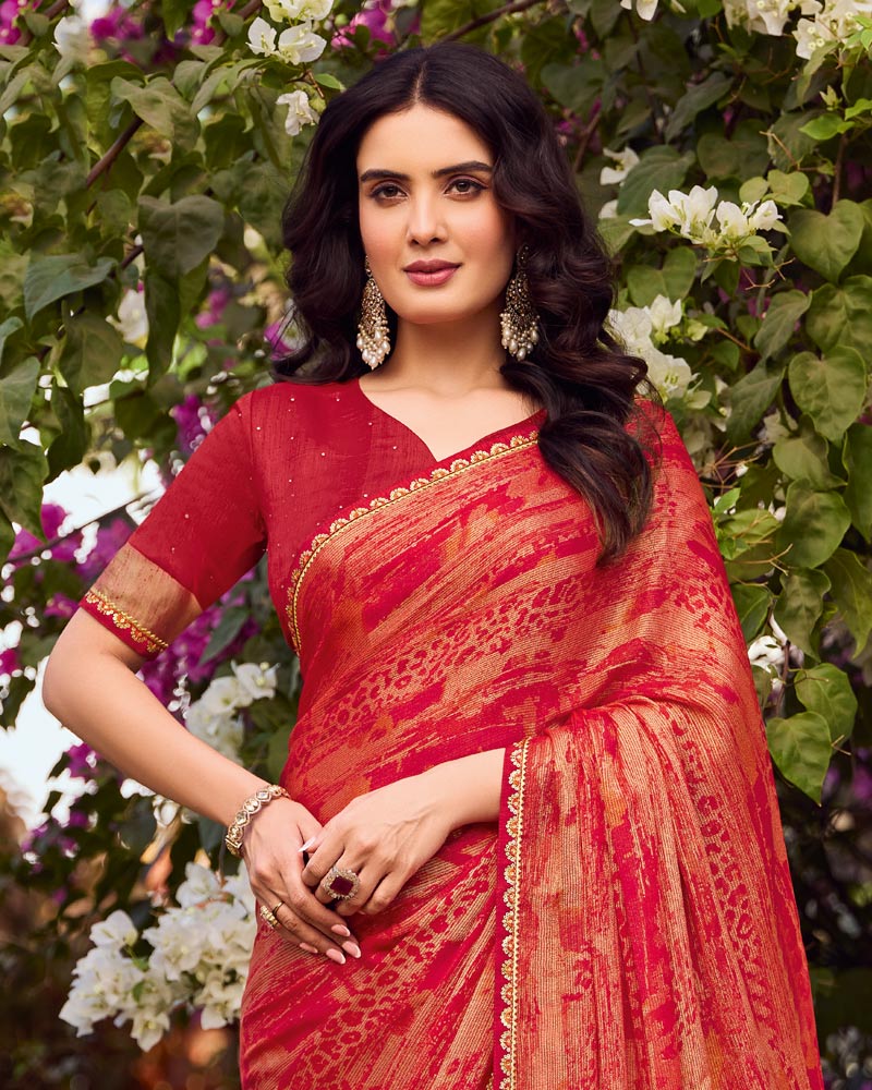 Vishal Prints Scarlet Red Printed Chiffon-Brasso Saree With Fancy Border