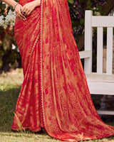 Vishal Prints Scarlet Red Printed Chiffon-Brasso Saree With Fancy Border
