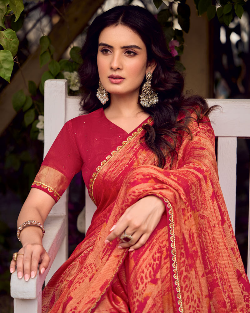 Vishal Prints Scarlet Red Printed Chiffon-Brasso Saree With Fancy Border