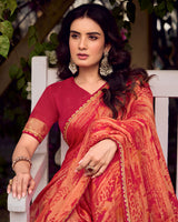 Vishal Prints Scarlet Red Printed Chiffon-Brasso Saree With Fancy Border