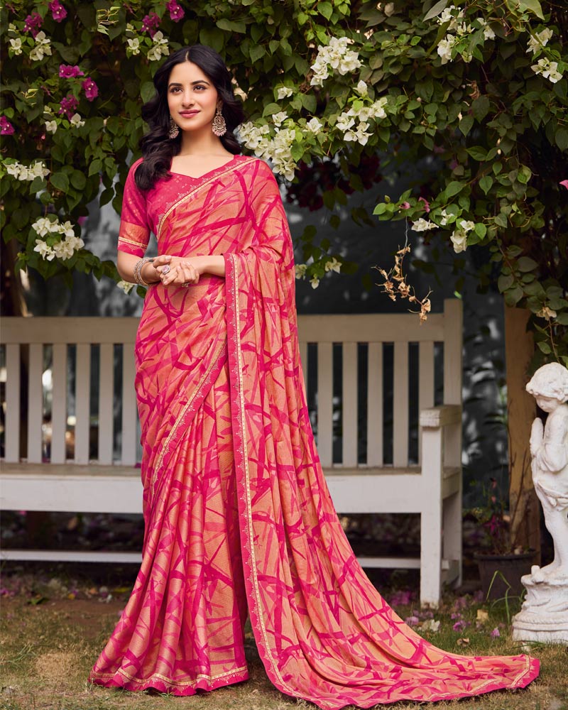 Vishal Prints Amaranth And Coral Pink Printed Chiffon-Brasso Saree With Fancy Border