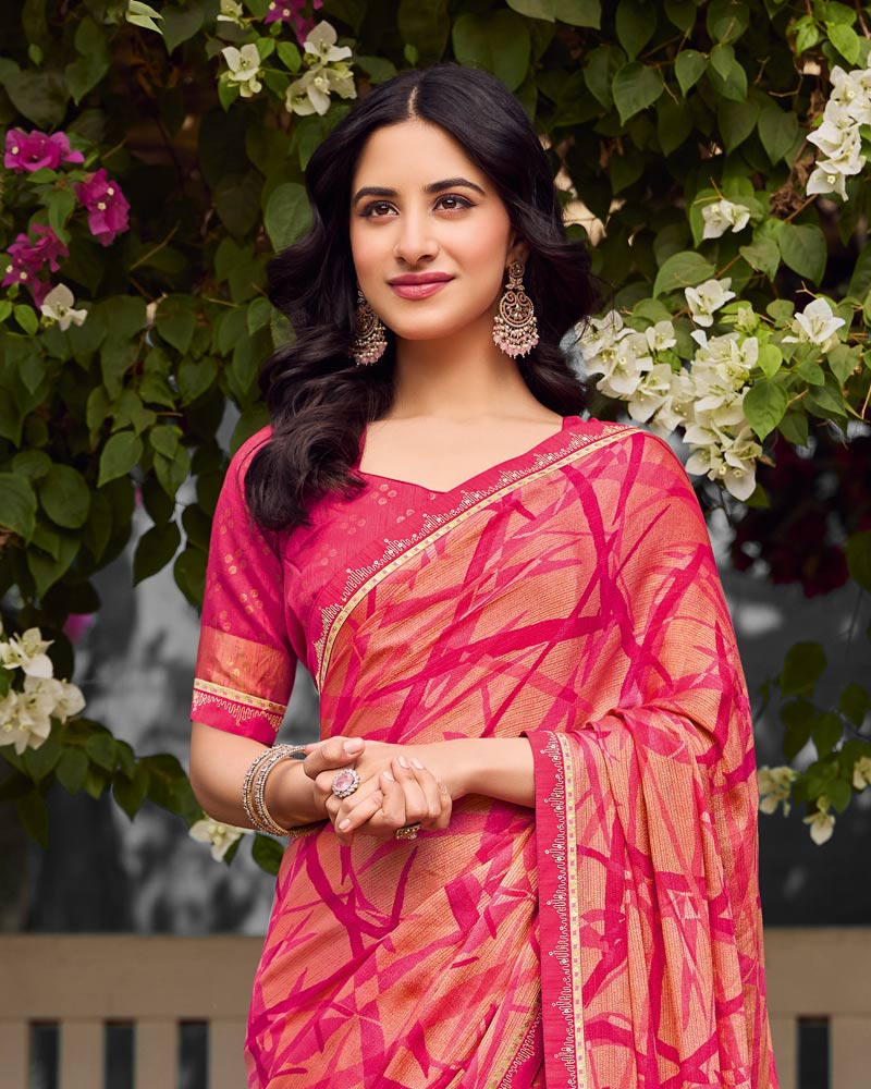 Vishal Prints Amaranth And Coral Pink Printed Chiffon-Brasso Saree With Fancy Border