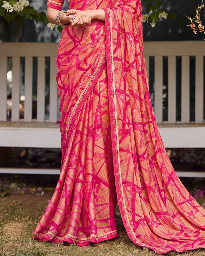 Vishal Prints Amaranth And Coral Pink Printed Chiffon-Brasso Saree With Fancy Border