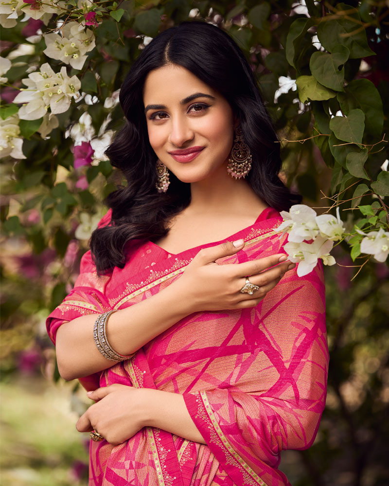 Vishal Prints Amaranth And Coral Pink Printed Chiffon-Brasso Saree With Fancy Border