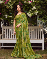 Vishal Prints Light Olive Green Printed Chiffon-Brasso Saree With Fancy Border