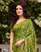Vishal Prints Light Olive Green Printed Chiffon-Brasso Saree With Fancy Border