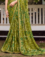 Vishal Prints Light Olive Green Printed Chiffon-Brasso Saree With Fancy Border