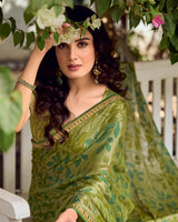 Vishal Prints Light Olive Green Printed Chiffon-Brasso Saree With Fancy Border