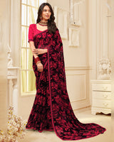 Vishal Prints Black And Shiraz Red Printed Chiffon Saree With Fancy Border