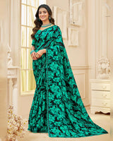 Vishal Prints Black And Aqua Green Printed Chiffon Saree With Fancy Border