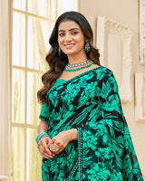 Vishal Prints Black And Aqua Green Printed Chiffon Saree With Fancy Border