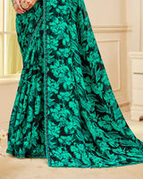 Vishal Prints Black And Aqua Green Printed Chiffon Saree With Fancy Border