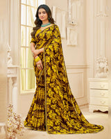 Vishal Prints Brown And Vibrant Yellow Printed Chiffon Saree With Fancy Border