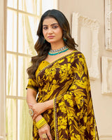 Vishal Prints Brown And Vibrant Yellow Printed Chiffon Saree With Fancy Border