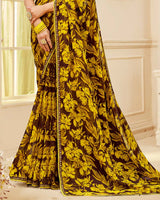 Vishal Prints Brown And Vibrant Yellow Printed Chiffon Saree With Fancy Border