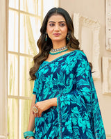 Vishal Prints Regal And Neon Blue Printed Chiffon Saree With Fancy Border