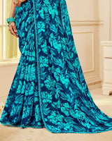 Vishal Prints Regal And Neon Blue Printed Chiffon Saree With Fancy Border