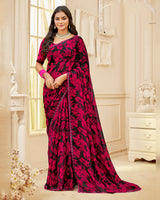 Vishal Prints Black And Cherry Red Printed Chiffon Saree With Fancy Border