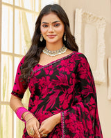 Vishal Prints Black And Cherry Red Printed Chiffon Saree With Fancy Border
