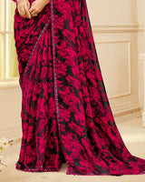 Vishal Prints Black And Cherry Red Printed Chiffon Saree With Fancy Border