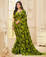 Vishal Prints Black And Vibrant Yellow Printed Chiffon Saree With Fancy Border