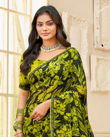 Vishal Prints Black And Vibrant Yellow Printed Chiffon Saree With Fancy Border