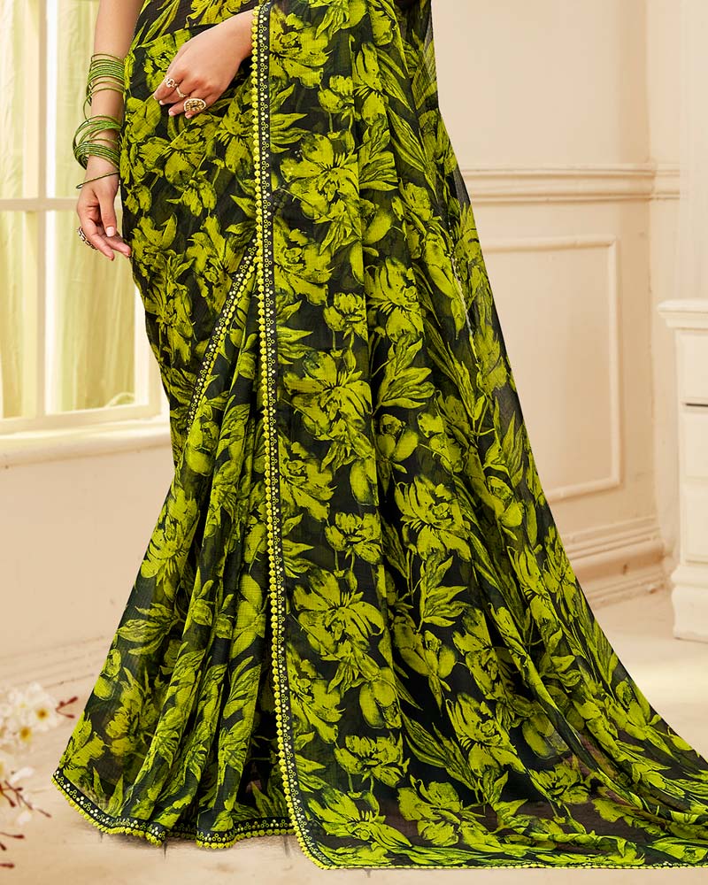 Vishal Prints Black And Vibrant Yellow Printed Chiffon Saree With Fancy Border