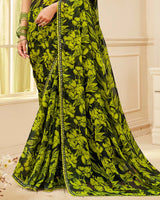 Vishal Prints Black And Vibrant Yellow Printed Chiffon Saree With Fancy Border