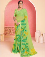 Vishal Prints Light Moss Green Printed Patterned Georgette Saree With Fancy Border