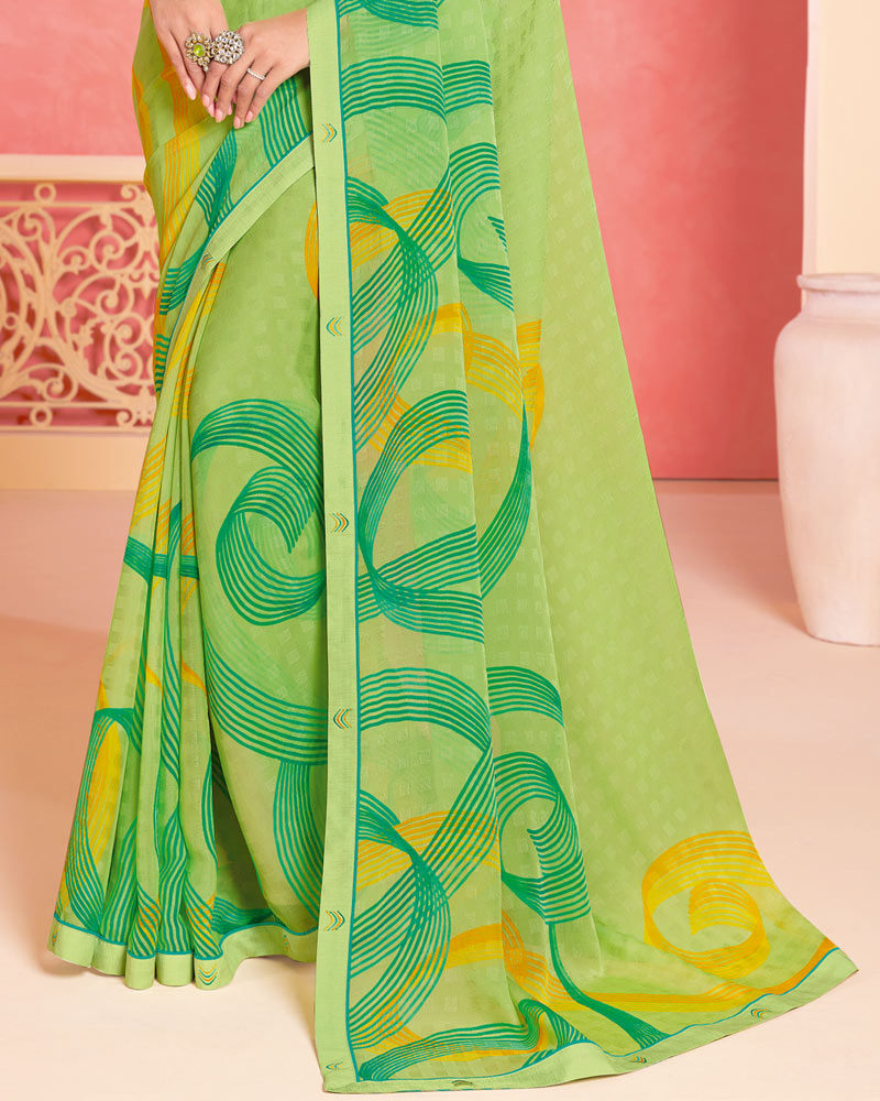 Vishal Prints Light Moss Green Printed Patterned Georgette Saree With Fancy Border