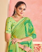 Vishal Prints Light Moss Green Printed Patterned Georgette Saree With Fancy Border
