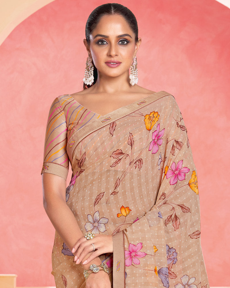 Vishal Prints Antique Brass Printed Patterned Georgette Saree With Fancy Border