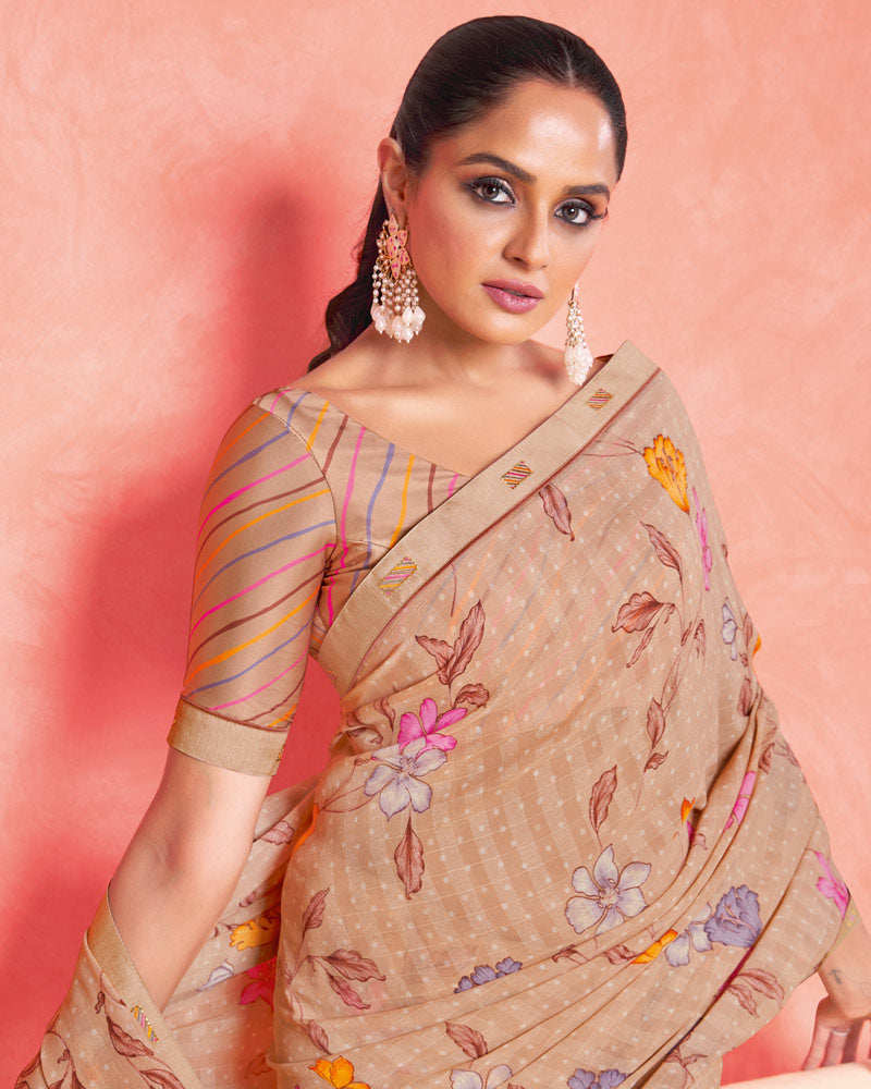 Vishal Prints Antique Brass Printed Patterned Georgette Saree With Fancy Border