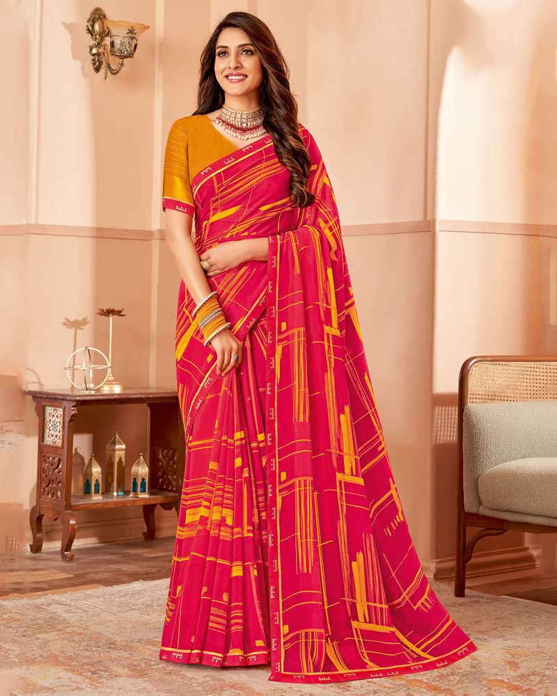 Vishal Prints Raspberry Pink Printed Patterned Chiffon Saree With Fancy Border