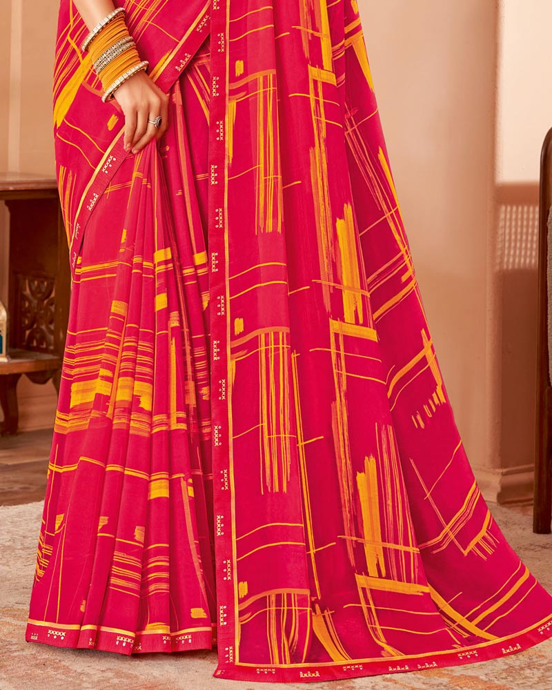 Vishal Prints Raspberry Pink Printed Patterned Chiffon Saree With Fancy Border