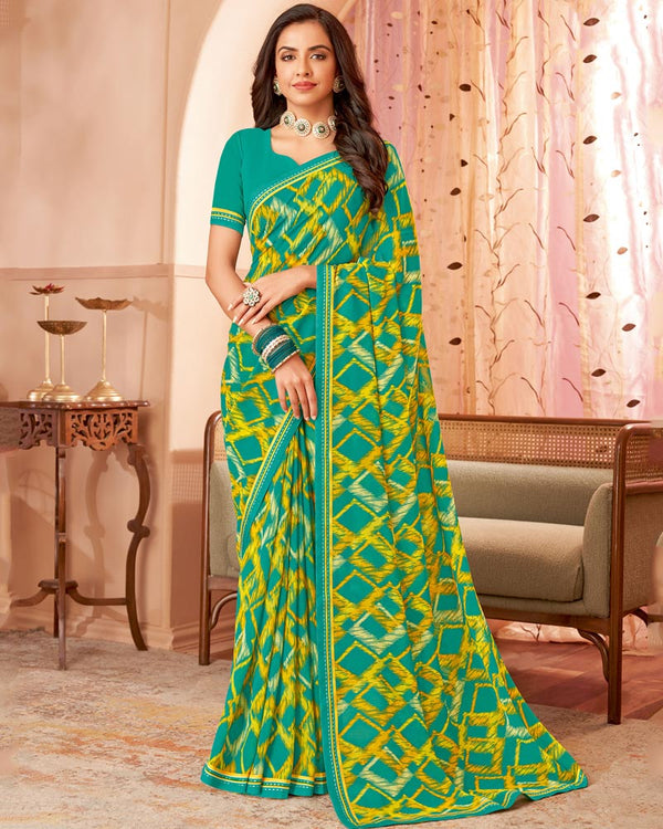 Vishal Prints Teal Blue Printed Georgette Saree With Fancy Border