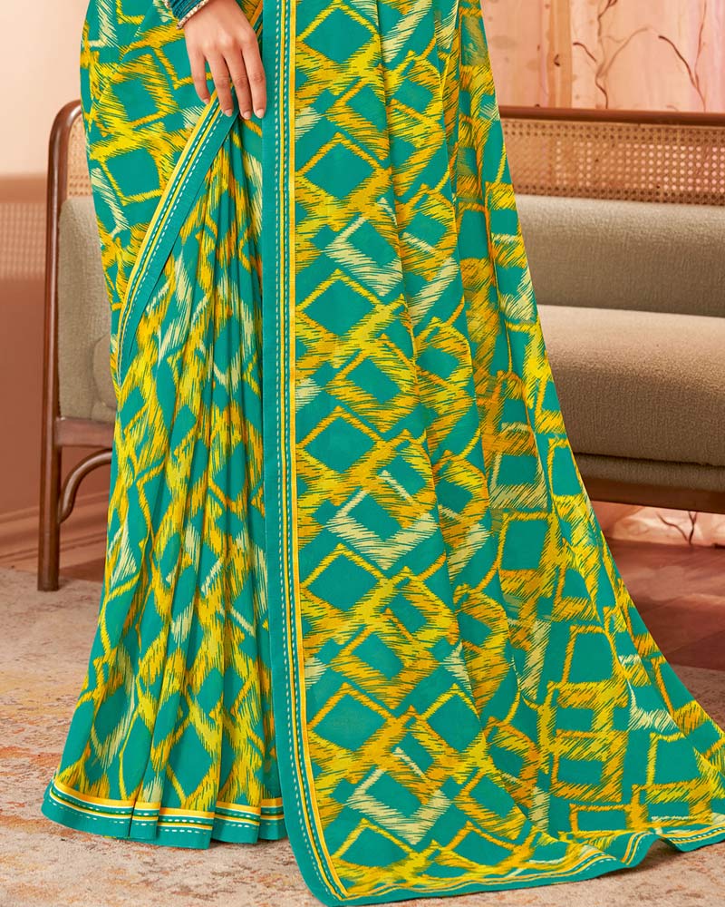 Vishal Prints Teal Blue Printed Georgette Saree With Fancy Border