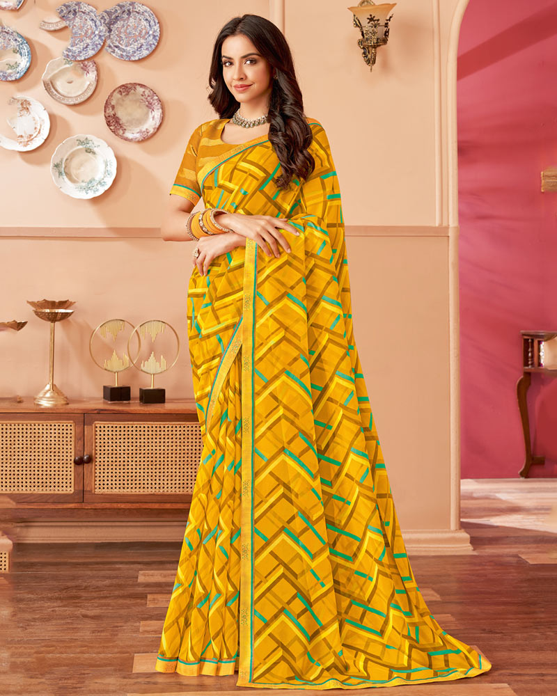 Vishal Prints Mustard Printed Patterned Chiffon Saree With Fancy Border