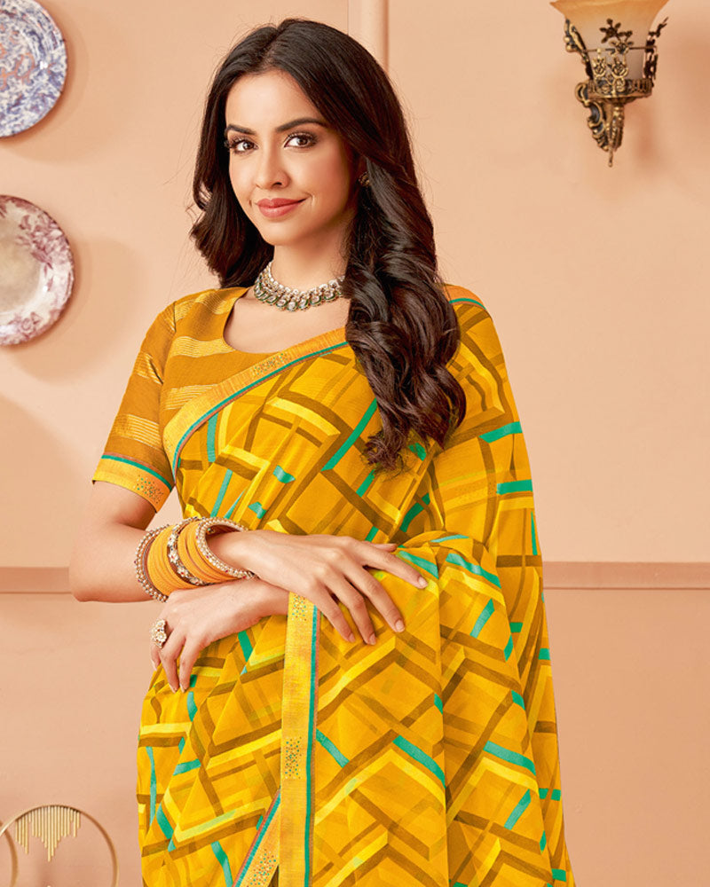 Vishal Prints Mustard Printed Patterned Chiffon Saree With Fancy Border