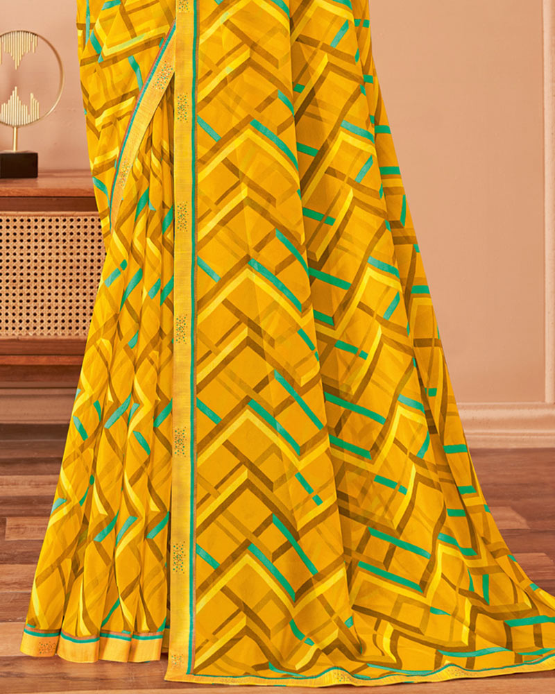 Vishal Prints Mustard Printed Patterned Chiffon Saree With Fancy Border