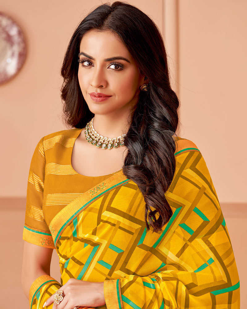 Vishal Prints Mustard Printed Patterned Chiffon Saree With Fancy Border