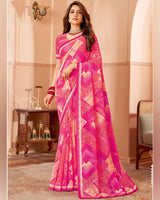 Vishal Prints Dark Rani Pink Printed Patterned Chiffon Saree With Fancy Border