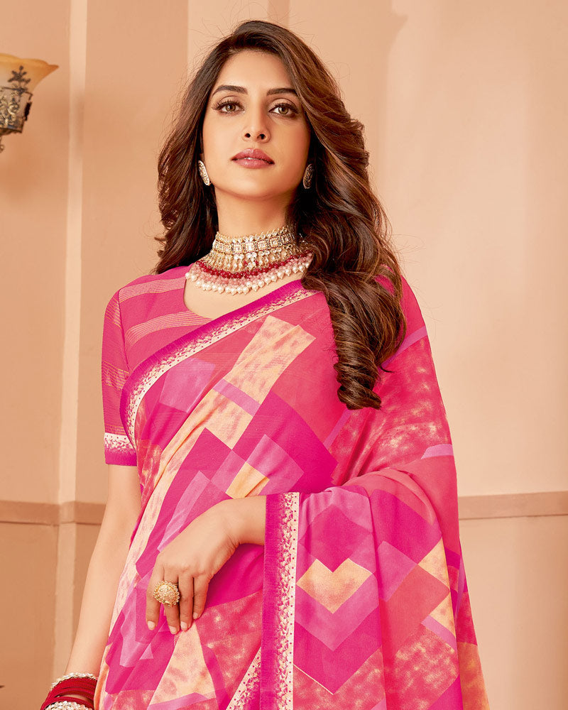 Vishal Prints Dark Rani Pink Printed Patterned Chiffon Saree With Fancy Border