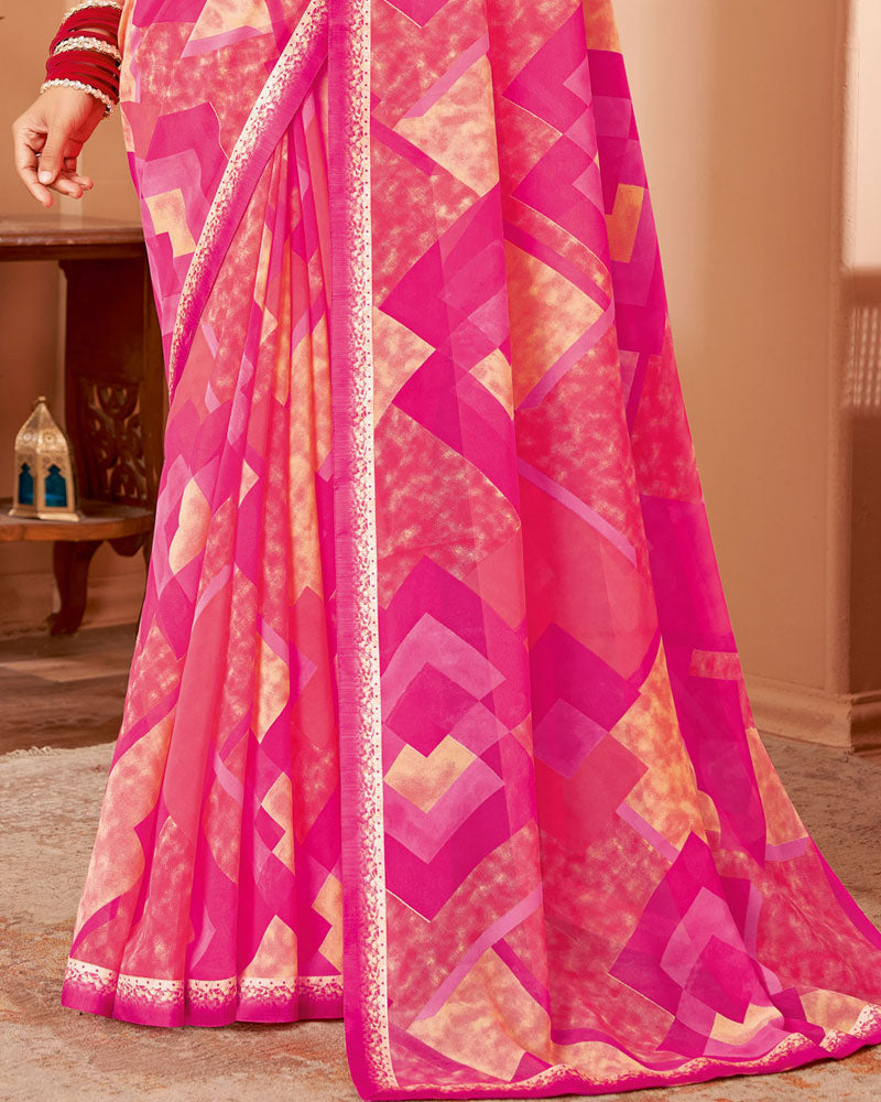 Vishal Prints Dark Rani Pink Printed Patterned Chiffon Saree With Fancy Border
